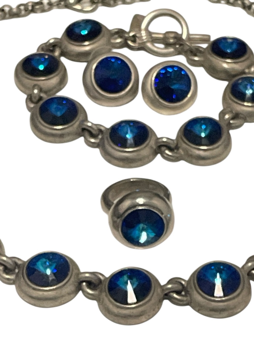 JACKIE SPECTOR Necklace Bracelet Earrings Ring Amethyst Rivoli Crystal Pewter